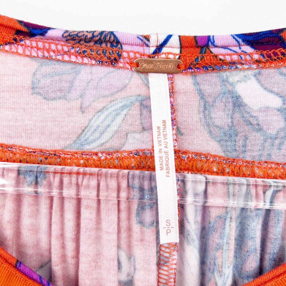 Free People Keepin’ On Orange Floral Tie Sleeves Top 3/4 Sleeves Womens Sz S - Picture 6 of 12